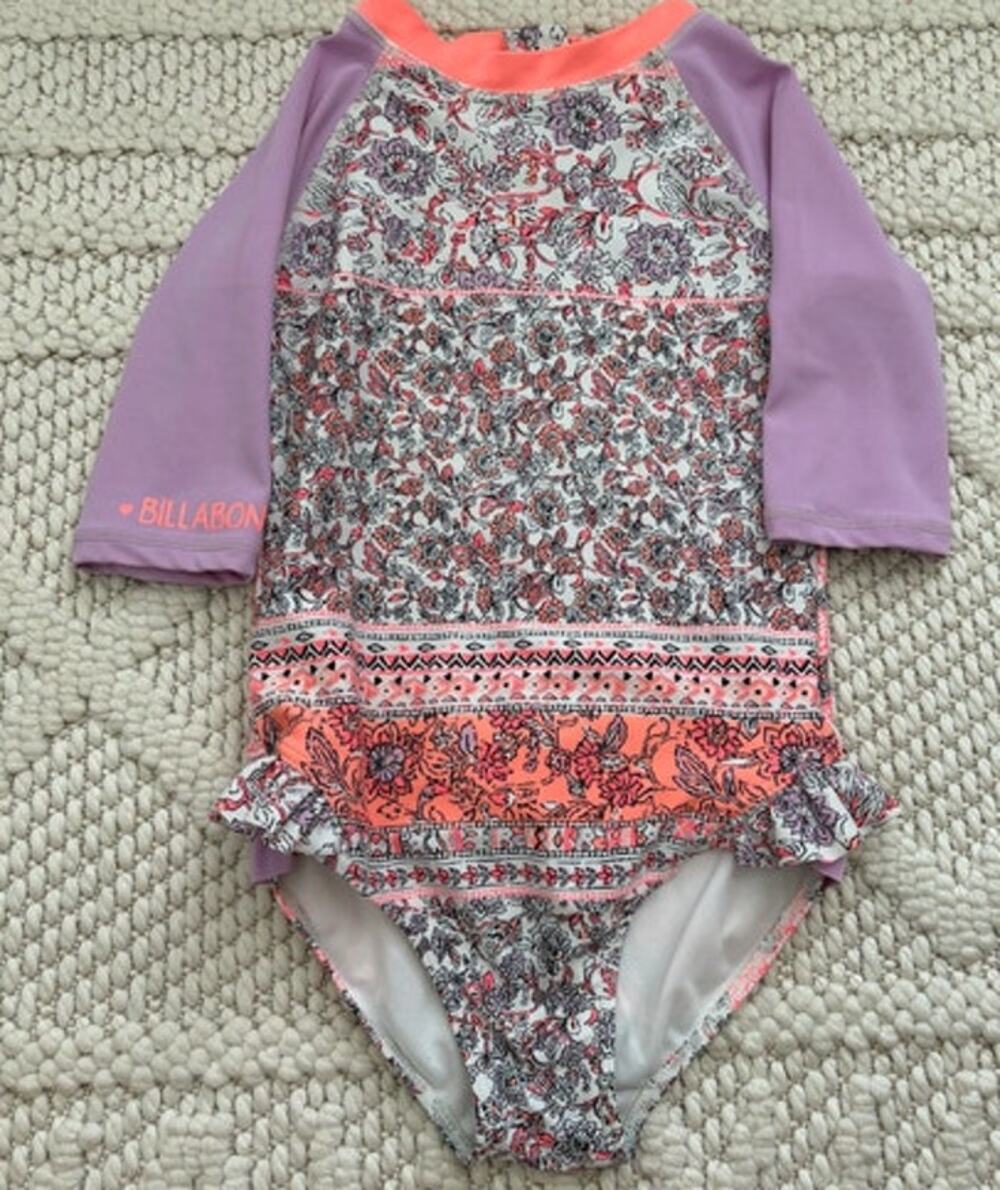 NWOT Girls Billabong Floral Ruffle Butt One Piece Long Sleeve Swimsuit Size 5